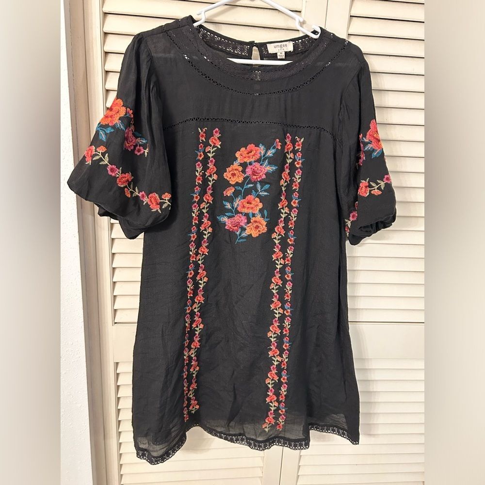 Umgee Black Dress with Floral Embroidery